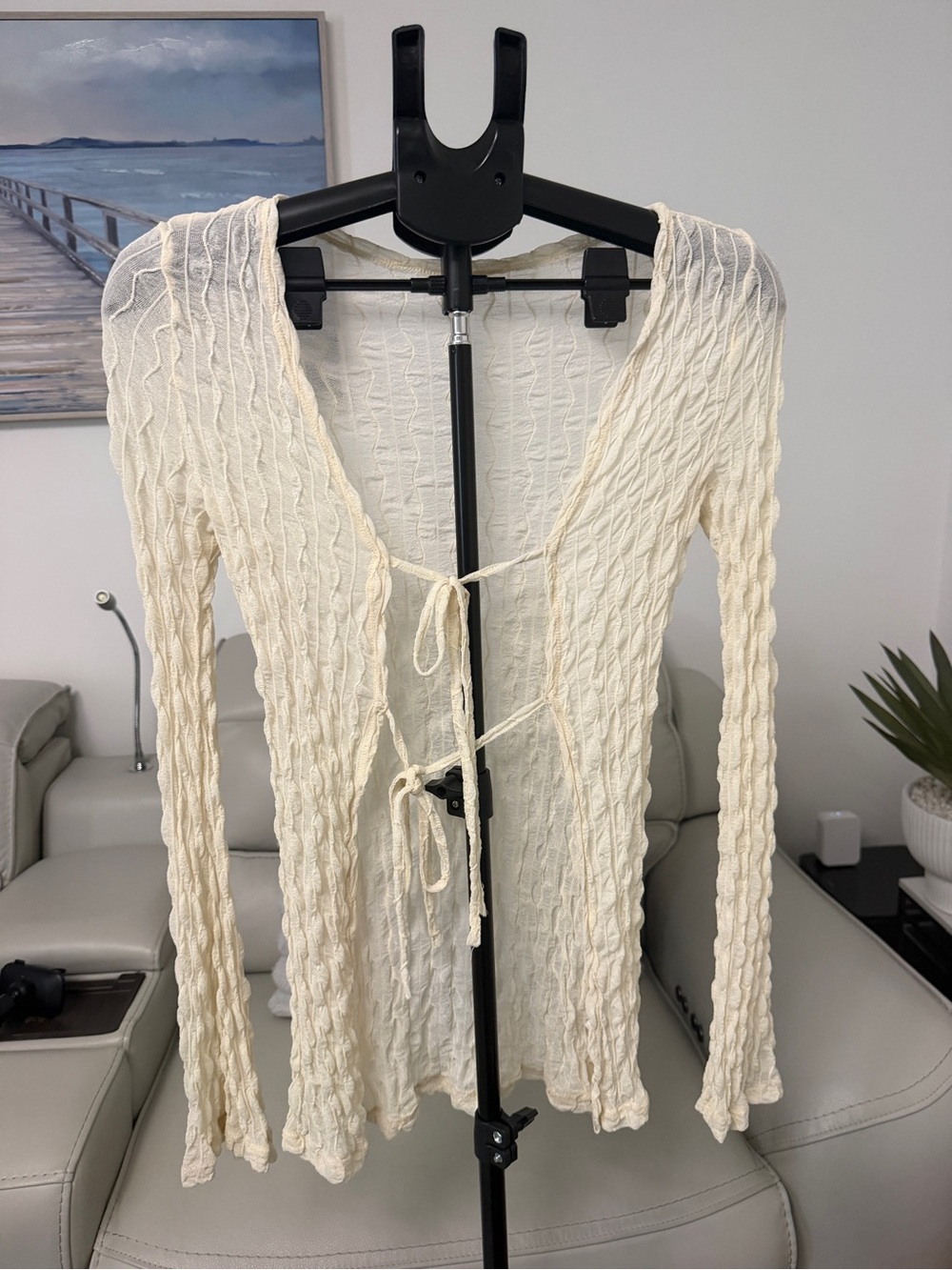 SHEIN Cream Lightweight Tie-Front Knit Cardigan